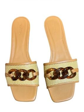 J.McLaughlin Tan Leather & Woven Raffia Slides with Tortoise-Style Chain Size 11